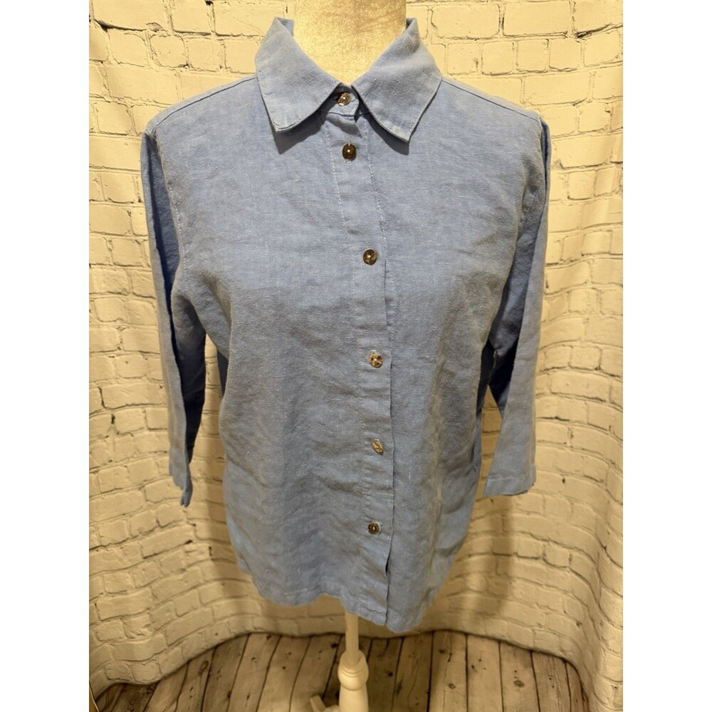 CLICK/Color Me Cotton  100% Linen Blue Short Sleeve Button Down Short Top Medium